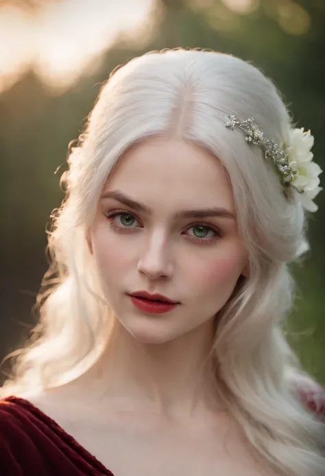 (((a deep reddish wound crosses her left cheek))) fair complexion, woman around 16 years old, natural white hair, distinctive green eyes, wearing kohl, slender and graceful, beautiful, candlelight in a medieval setting, ultra sharp focus, realistic shot, m...