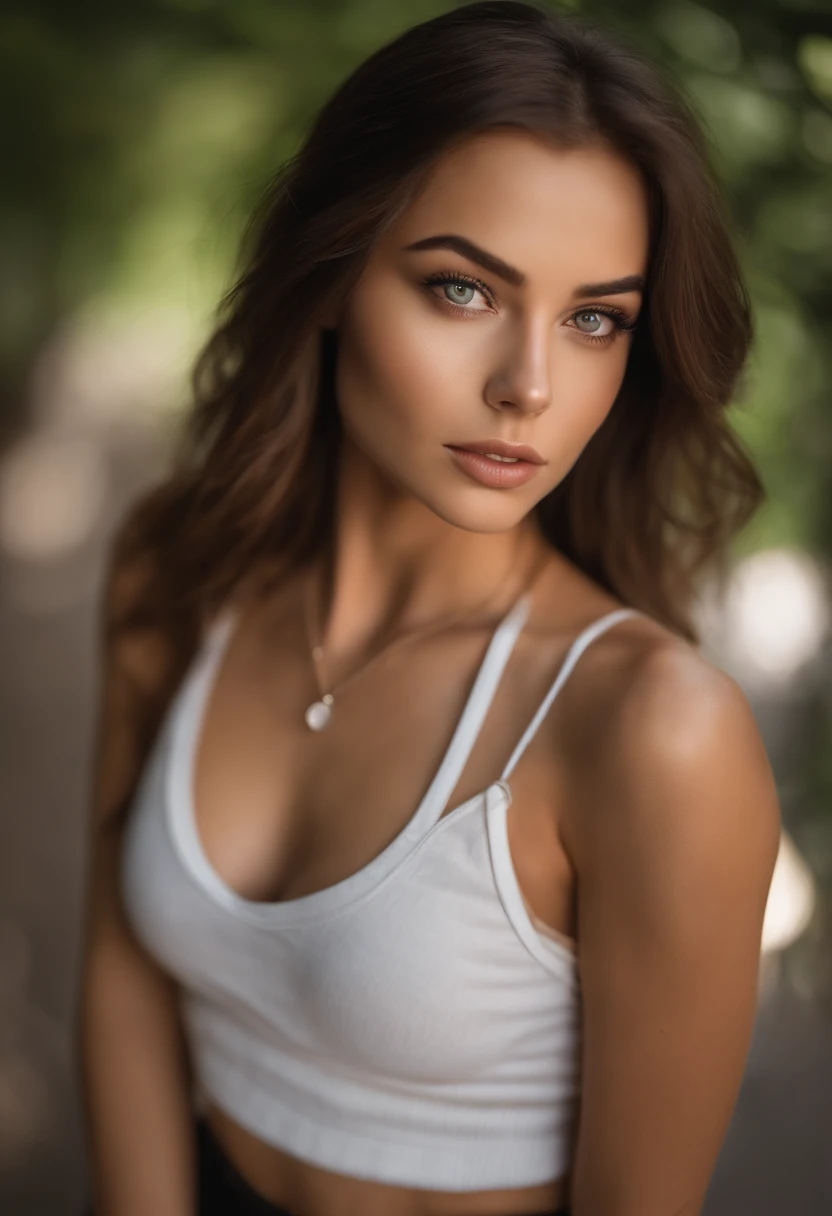 arafed woman with a white tank top and a necklace, sexy girl with green eyes, portrait sophie mudd, brown hair and large eyes, selfie of a young woman, bedroom eyes, violet myers, without makeup, natural makeup, looking directly at the camera, face with ar...