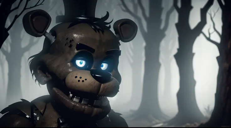 a,dark,forest,freddy fazbear,epic scene,freddy fazbear focus,up close angle,horror,haunting,ominous,spooky,menacing,foggy,misty,creepy atmosphere,mysterious shadows,majestic trees,twisted branches,glowing eyes,menacing grin,sharp teeth,creaking sound of br...