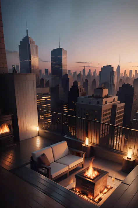 new york city roof top view, fire place, extreamly hot,