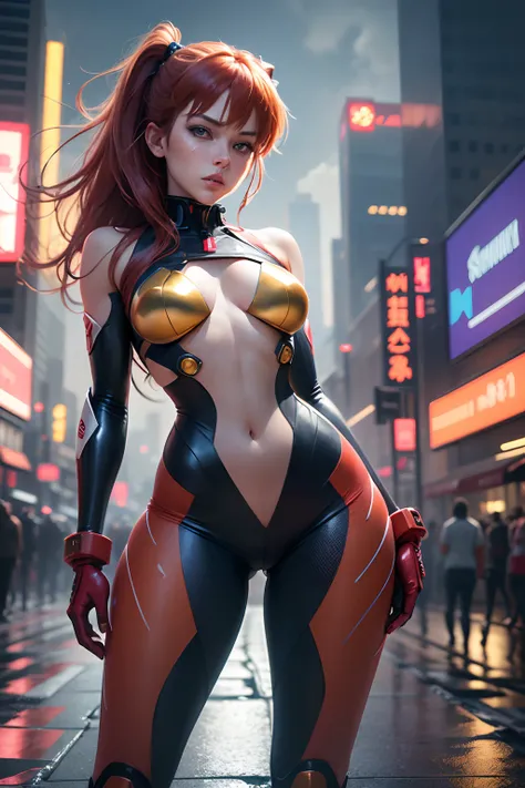 Asuka Langley,20s/30s, vibrant red hair, striking blue eyes, beautiful detailed eyes, beautiful detailed lips, confident expression, wearing an adult version of the Evangelion cut-out body suit, form-fitting and revealing, showcasing her feminine curves, l...