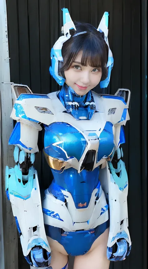 (Mecha Girl:1.8), (Full Body Metal:1.3), (Beautiful girl gravure idol with big breasts wearing blue bikini swimsuit with black hair color:1.3), (short hairstyle:1.3), (constricted waist:1.3)