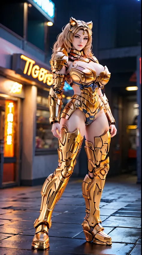 (TIGER GODDESS), HUGE BOOBS, BATTLE ARMOR SUIT, (CLEAVAGE), TRANSPARANT, TALL LEGS, STANDING, THICK BODY, MUSCLE ABS.