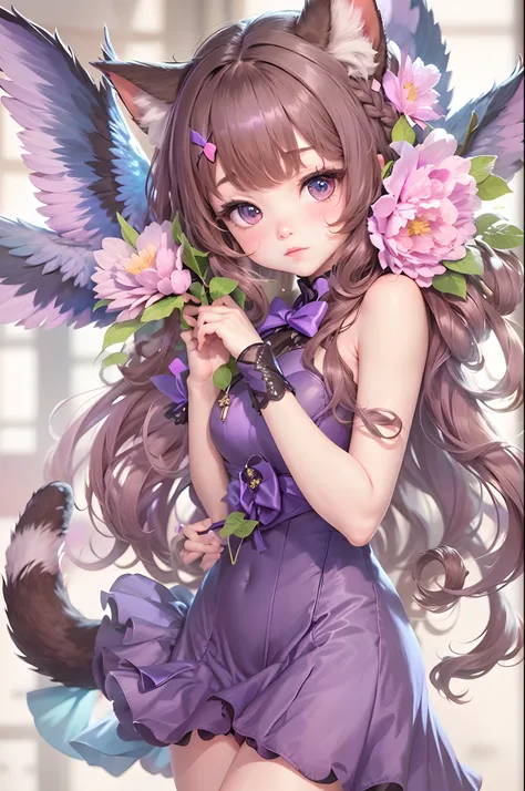 1girl in, Naked, Animal ears, Purple eyes, Brown hair, Wings, Solo, Long hair, blush, Cat ears, Flowers, Looking at Viewer, Braids, the bow, slutty dress, pink flowers, the bow, Hair Accessories, Bangs, Cats, Hair Flower, Animal ear hair, Holding, Virtual ...