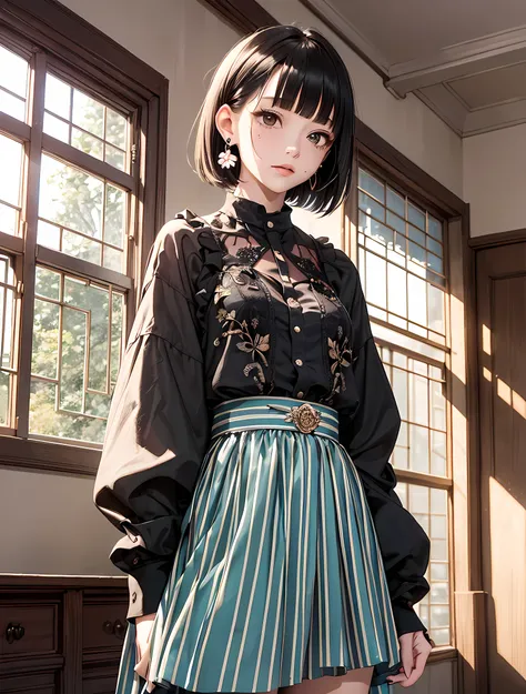 masterpiece, best quality, 32k, insane details, intricate details, 1girl, fashion photography, in style of angura kei，hime - cut, straight hair，in a minimalist Misasakan room，high-wistskirt，cllaredshirt，(short hair:1.4)，striped，blunt bangs，(Mole under eye:...