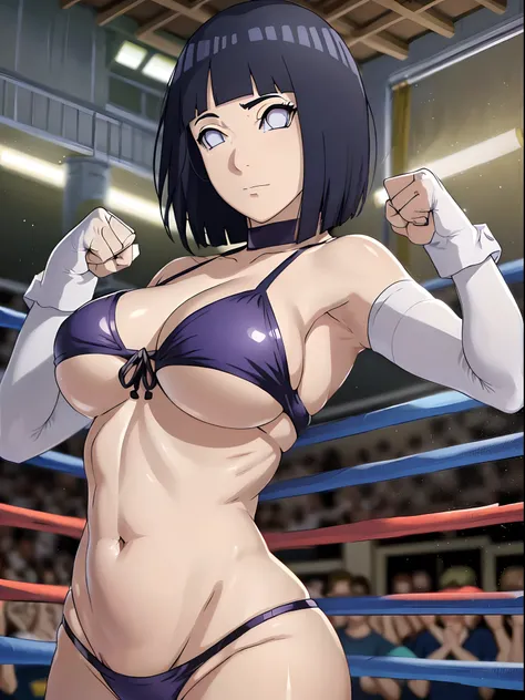 (ultra detailed body, ultra detailed face), ((solo)), anime style, hires, ((pro wrestling arena, pro wrestling match, crowd watching)), (hinata(boruto), (female wrestler), (slender body, broad shoulders, shaved armpit), mature woman, milf, (black bikini, u...