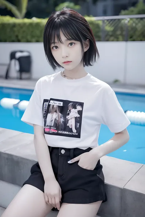 A Photography by Shigenobu Araki, a cool black and white T-shirt design with 22 and a Japanese teenage girl, background ads text says: September 22, high detail, 8k, at street night pool swimming, high details, Fuji film New-RX、Teenage short cut girl is in...