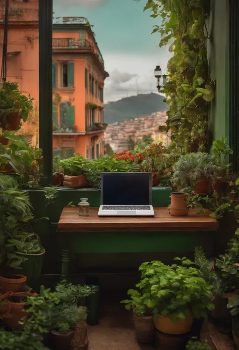 uma mesa de artista com plantas, livros, papel, laptop, prateleira, ceroulas, overlooking a green urban setting