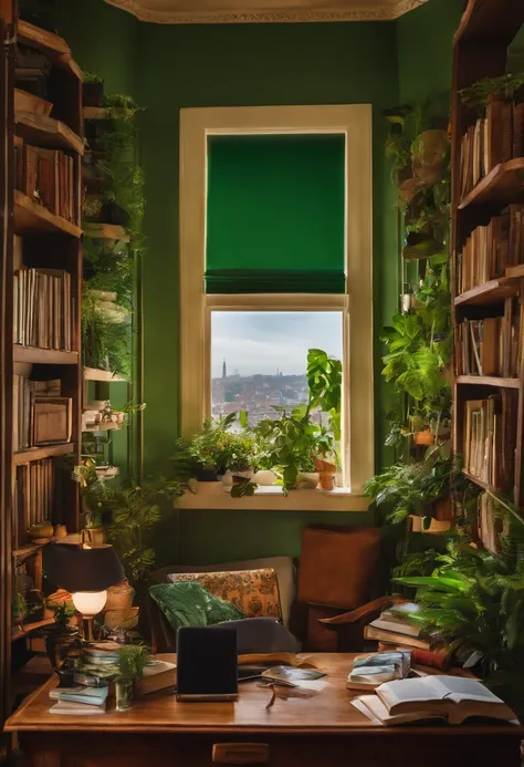 uma mesa de artista com plantas, livros, papel, laptop, prateleira, ceroulas, overlooking a green urban setting