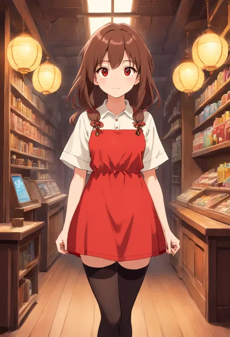 cute girly，Stand up，brown  hair，long whitr hair，red color eyes，Beige shirt，Strap dress，Black stockings