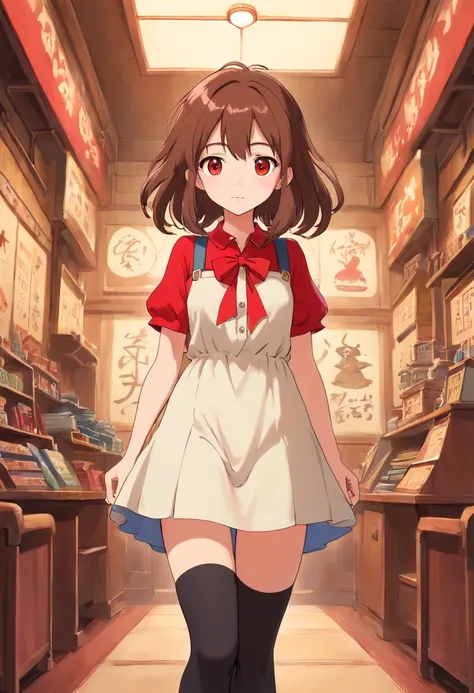 cute girly，Stand up，brown  hair，long whitr hair，red color eyes，Beige shirt，Strap dress，Black stockings