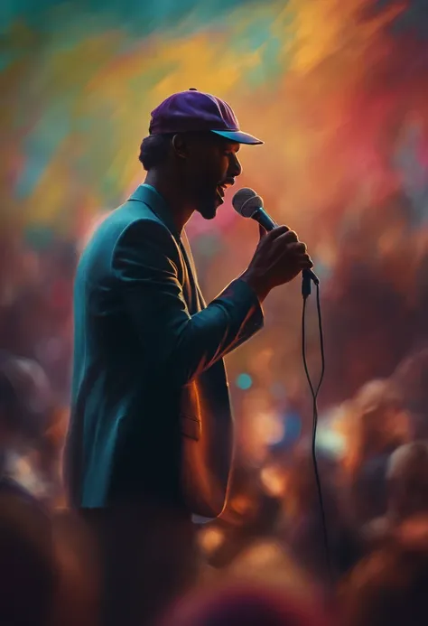 A faceless man in a cap putting on a show with a microphone