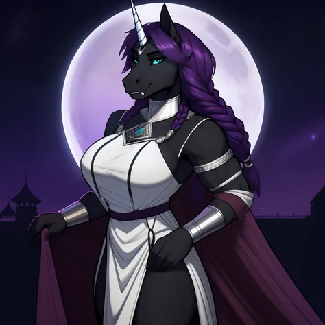 Tall_lanky_muscular_unicorn_with_black_horn full_breasts female dark_purple_hair wavy_braided_hair black_furry_body teal_eyes slit_pupils solo Masterpiece best_quality absurdres highly_detailed medieval_gown silver_gorget thick_silver_circlet silver_bracer...