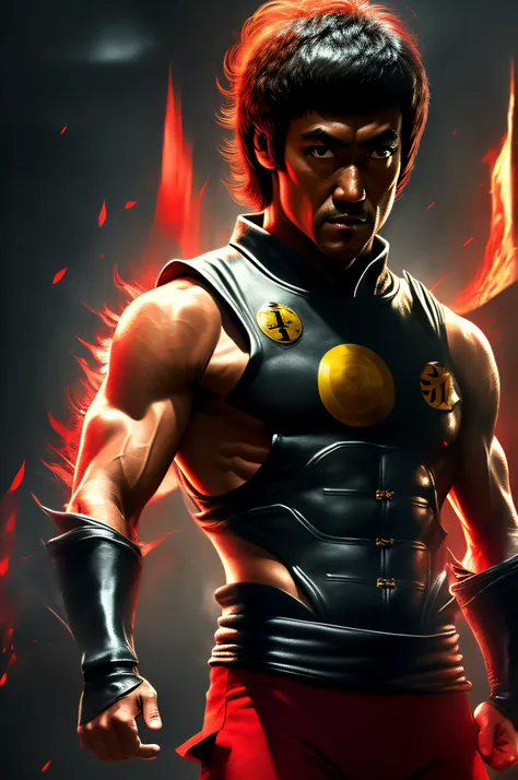 ator ((bruce lee)) como Liu Kang, Kombat mortal, headband red, black pants with red stripes, fogo no fundo, intrincado, High detail, foco nítido, Dramatic, arte de pintura fotorrealista por greg Rutkowski