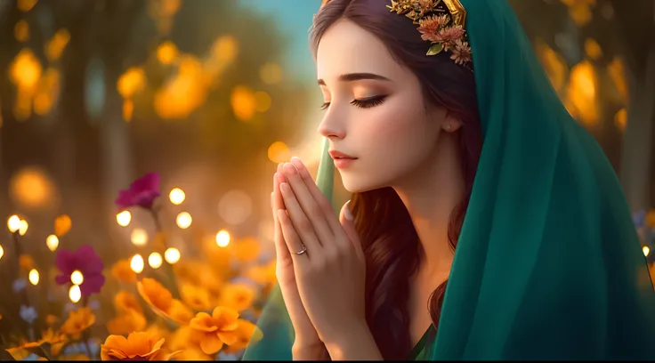 a woman in a green veil is praying in a field of flowers, deusa bonita, majestosa mulher de santo, orar meditando, imagens religiosas, religioso, Orando, holy flame spell, Rezando ao Sol, sagrado feminino, beautiful image, mulher  linda, foto de perfil, be...