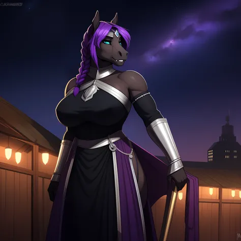 Tall_lanky_muscular_horse full_breasts female dark_purple_hair wavy_braided_hair black_furry_body teal_eyes slit_pupils solo Masterpiece best_quality absurdres highly_detailed medieval_gown silver_gorget thick_silver_circlet silver_bracers cleanly_drawn_ey...