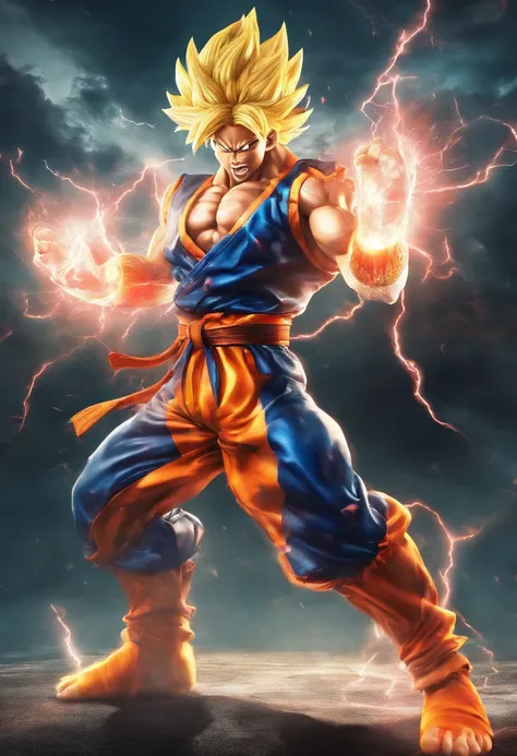 Realistic 3D rendering of Goku Super Saiyan fusion Aquaman, Surrounded by lightning, big muscle, full body photo shot, hyper realisitic