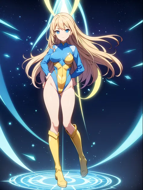 masterpiece, best quality, 1girl, superhero, blue and yellow leotard, bare legs, boots, matching boots, medium breasts, light particles, aura, blue aura, stand, standing, space backdrop, hand on hip, blonde hair, long hair, long sleeves, ankle boots, full ...