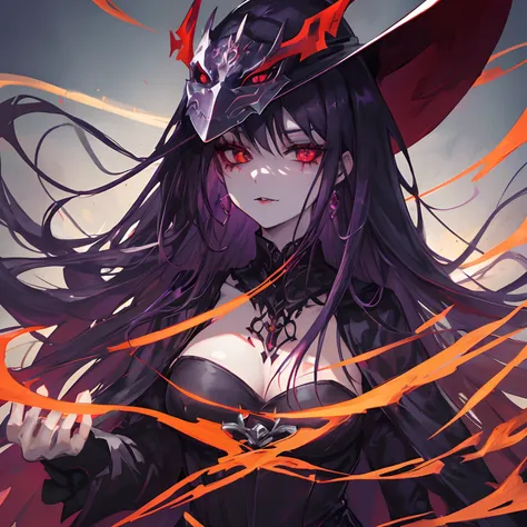 Woman, long dark purple hair, red eyes with a bright light, black long open dress, witch, silver jewelry in the shape of ribs, metal mask on half of the face, black lipstick