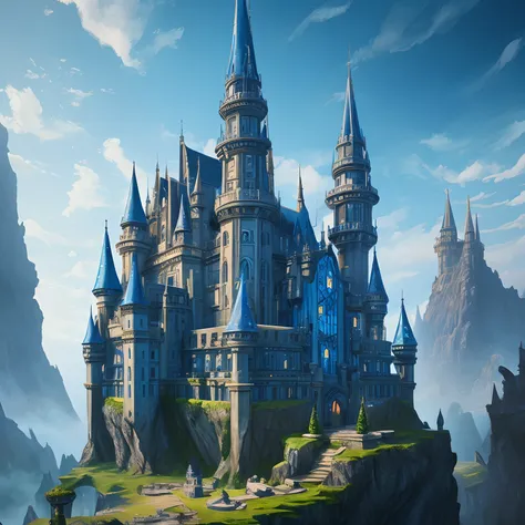 A closeup of a blue castle with a lot of windows in it, detailed fantasy art, fantasy architecture, detailed digital fantasy art, highly detailed fantasy art, high fantasy blue castle, detailed matte fantasy painting, detailed fantasy illustration, 2D deta...