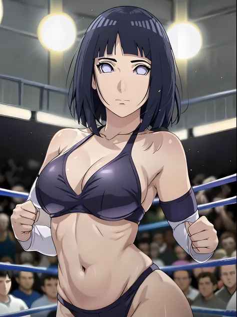 (ultra detailed body, ultra detailed face), ((solo)), anime style, hires, ((pro wrestling arena, pro wrestling match, crowd watching)), (hinata(boruto), (female wrestler), (slender body, broad shoulders, shaved armpit), mature woman, milf, (black bikini, u...