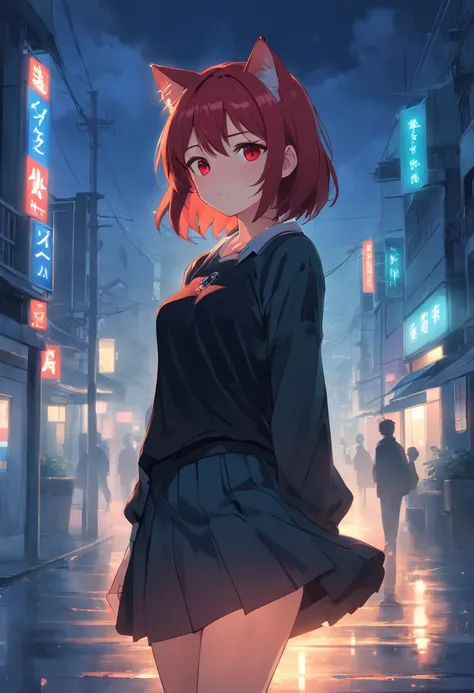 cat girl,red long hair,gothic,mini skirt,black long sleeve shirt,red eyes,anime style,metallic look,moonlight,gritty texture,dark background,mysterious atmosphere,vivid colors(beautiful contrast between the red hair and black clothing),sharp focus(intense ...