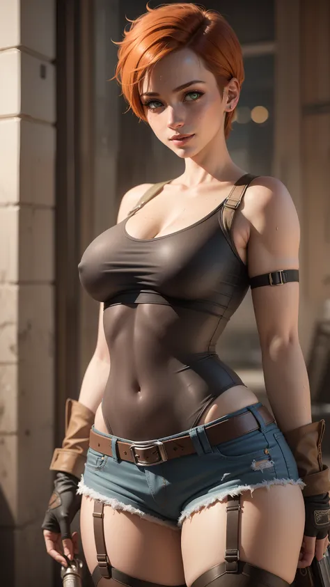 gwen tennyson,tracer,rebecca chambers,lara croft,resident evil,green eyes,garter belt,teenager,short hair, orange hair,river,shy smile,ginger,white see-through leotard,denim micro shorts,striped bra,freckles,beautiful girl,wet clothes,thigh high boots, top...