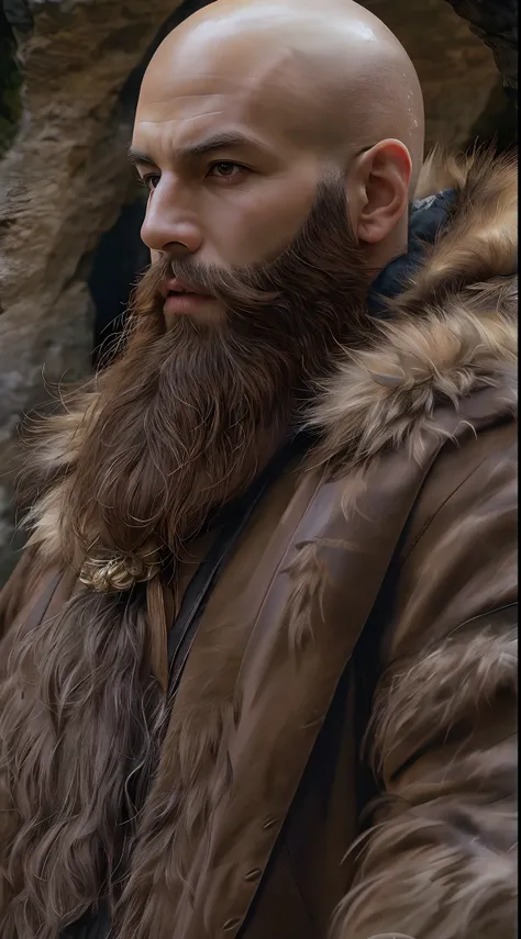 highly detail, RAW color photo, 巨作, Best Quality, ultra-detail, Realism, 30-year-old veteran, (fantaisie), Muscular body, Sculpted body, (detailed skin), (highly detail, hyper details, Dilemma), (beard  : 1.4) bald, Covered clothing, Fur clothing, Brown ey...