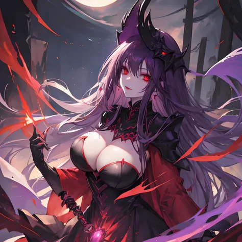 Woman, long dark purple hair, red eyes with a bright light, black long open dress, witch, silver jewelry in the shape of ribs, metal mask on half of the face, black lipstick