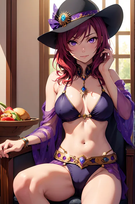 (masterpiece, best quality:1.2), purple eyes,cowboy shot, solo, 1girl, nishikino maki, sitting on throne, crossed legs,hand on cheek, expressionless, closed mouth, looking at viewer, hat, arabian clothes, see-through, bikini, jewelry, cleavage