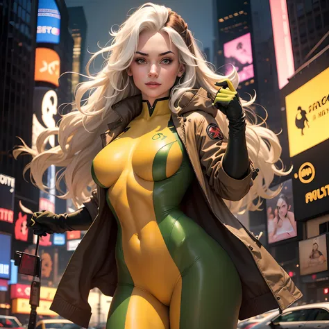 (New York: 1.3), (time square), (master piece, best quality: 1.2), Classic vampire, 1 girl, only, long hair, breasts, smile, large breasts, brown hair, green eyes, jacket, hair big, white hair, multicolored hair, parted lips, Clothing, Two-tone hair, open ...