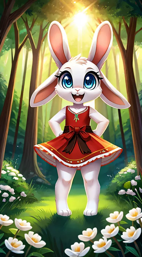 zoomed out image, fantasy style art, cute, adorable, short character, small, tiny little fluffy female white bunny with blue eyes, 4 ears, 2 extra ears, big floppy ears, long ears, ears perked up, raised ears, long eyelashes, poofy rabbit tail, wearing a r...