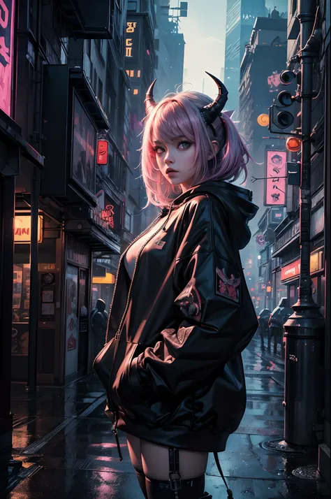 best quality, (masterpiece), Ultra-detailed, (novel illustration:1.2), (bold line), (highres:1.2), , 1 girl, , oversized hoodie, big eyes, cute, beautiful, horns, cyber daemon, cyberpunk, city landscape, neon lights, sexy