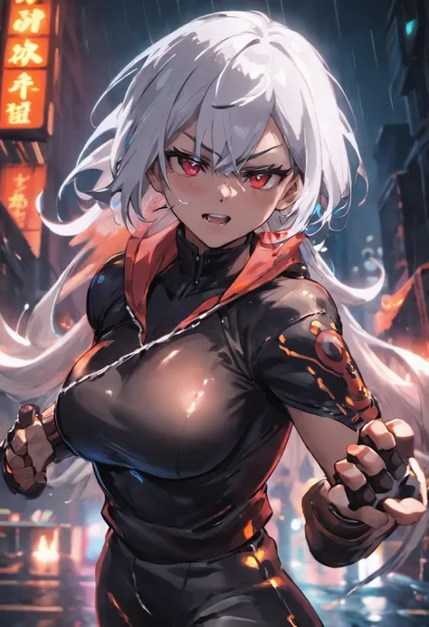 Close-up photos, White hair，ember，Gojo Gojo，well-muscled，dressed in a black outfit, In the rainy city at night, Photorealistic, Cinematic lighting