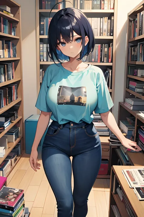 Best quality, 1girll, ((view the viewer)), Dark blue hair, Black eyes, Very short hair, pointy hair, ahoge, T-shirt, high waisted jeans, 171cm, Messy hair, hair between eye, Medium breasts, Large breasts, plump, Dark skin, Tomboyish, Adult, 20 years old, 1...