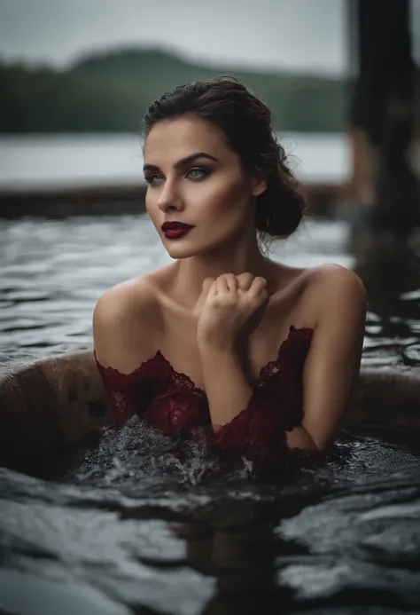 3 Aggressive hot beauty taking bath together , shower,  flowing, enjoying hard , playing soft , sharp look, wide eyes, very dark lips,   lace, lake background , wet wet wet