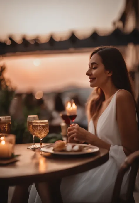 Generate beautiful images to represent the dating scene of the dating app。On the café terrace at sunset、The hero and the other person in a romantic atmosphere、Draw a scene of a conversation by candlelight。Stylish food and wine are arranged on the table。