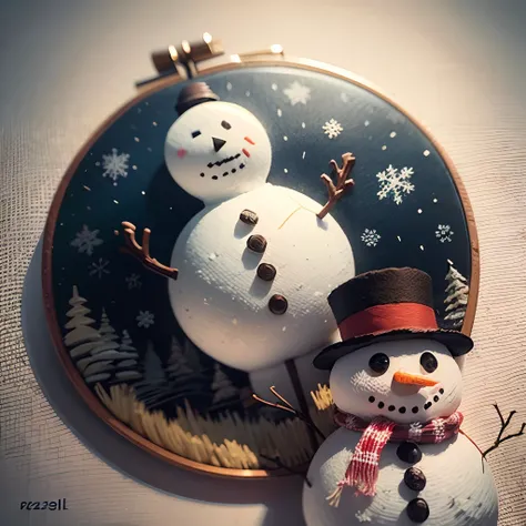 a snowman illustration, pastel illustrated background, in the style of Embroidery --auto --s2