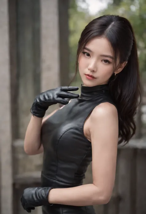 Black leather gloves, black suit, black hair, ponytail, Japanese girl, necklace, upper body