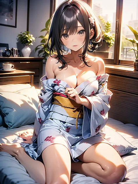 in 8K、top-quality、​masterpiece、ultra-detailliert、Ultra-high resolution、Anime style、(1人の女性)、natta、darkened room、On the futon、Hakata yukata、Wide open chest、bare shoulders​、embarrassed from、Red face