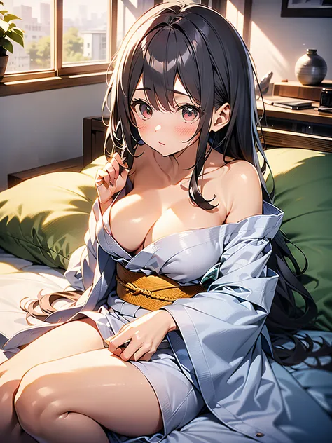 in 8K、top-quality、​masterpiece、ultra-detailliert、Ultra-high resolution、Anime style、(1人の女性)、natta、darkened room、On the futon、laying on back、Hakata yukata、Wide open chest、bare shoulders​、Red face、embarrassed from、