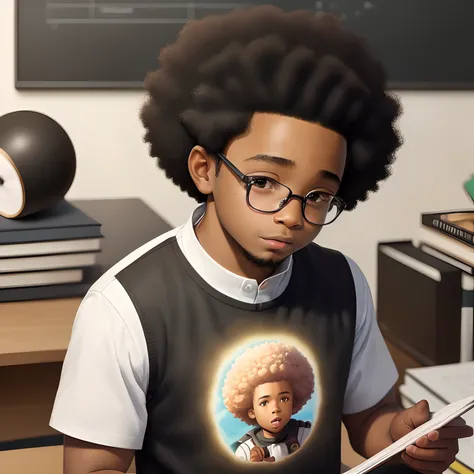 (a black young boy with afro grading the assignment at his desk,thick paint style,high definition)