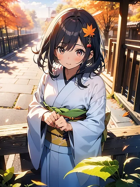 in 8K、top-quality、​masterpiece、ultra-detailliert、Ultra-high resolution、Anime style、(1人の女性)、Kimono、Autumn landscape、Colored leaves、strong breeze、Perspective from above、Focus on the upper body