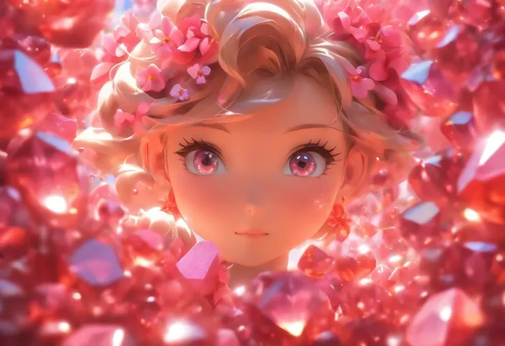 Hyperrealistic 3D. A girl, fantasy gown. Close-up portrait. She is surrounded by rosy-coloured gemstones. Flowers.