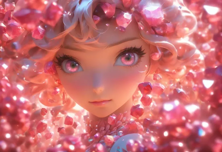 Hyperrealistic 3D. A girl, fantasy gown. Close-up portrait. She is surrounded by rosy-coloured gemstones. Flowers.