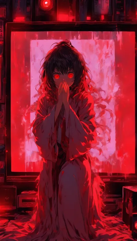 Blood red room, Flashing white TV screen, 1girll, cabelos preto e longos, with hair dishevelled, Cover one eye and face, Bright red eyes, Wearing a white transparent robe, Looming full breasts, Half of the body is stuck on the TV screen, reaching out her h...