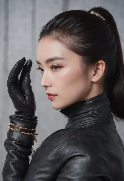 Black leather gloves, black suit, black hair, ponytail, Japanese girl, necklace, upper body