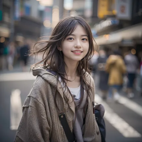 女の子1人、on tokyo street、A city scape、The upper part of the body、a closeup、A smile、、(8K、Raw photography、top-quality、​masterpiece:1.2)、(realisitic、photoRealstic:1.37)、Highly detailed eyelash drawing、(((Top image quality))),small tit、Fine skin, (Beautiful hair)...