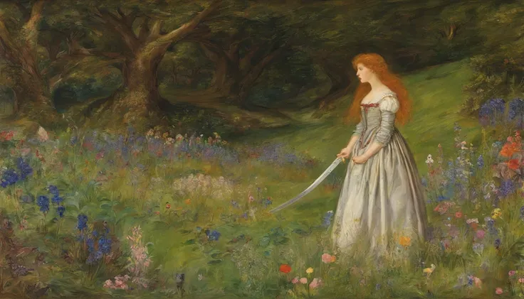 John Everett Millais, Pre-Raphaelites, knight, lady, medieval, banner, wind, sword, flowers, meadow