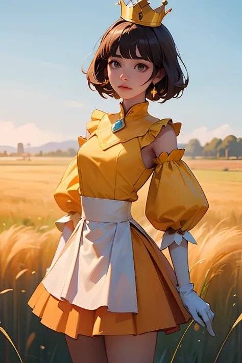 masterpiece,best quality, 1girl, cowboy shot, yellow top with puffed sleeves and an orange skirt, white gloves, yellow shoes, and a crown with orange detailing, bangs, grass, in a field,